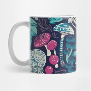 Mystical fungi // midnight blue background mint teal and dark pink wild mushrooms Mug